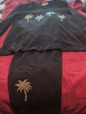 Tiana B. Black Two-Piece Sweater Set with Rhinestone Palm Trees